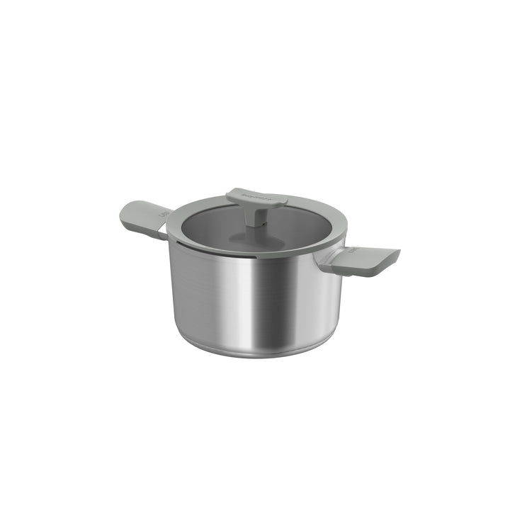 Stainless steel casserole with a gray lid and two side handles, 20 cm size.