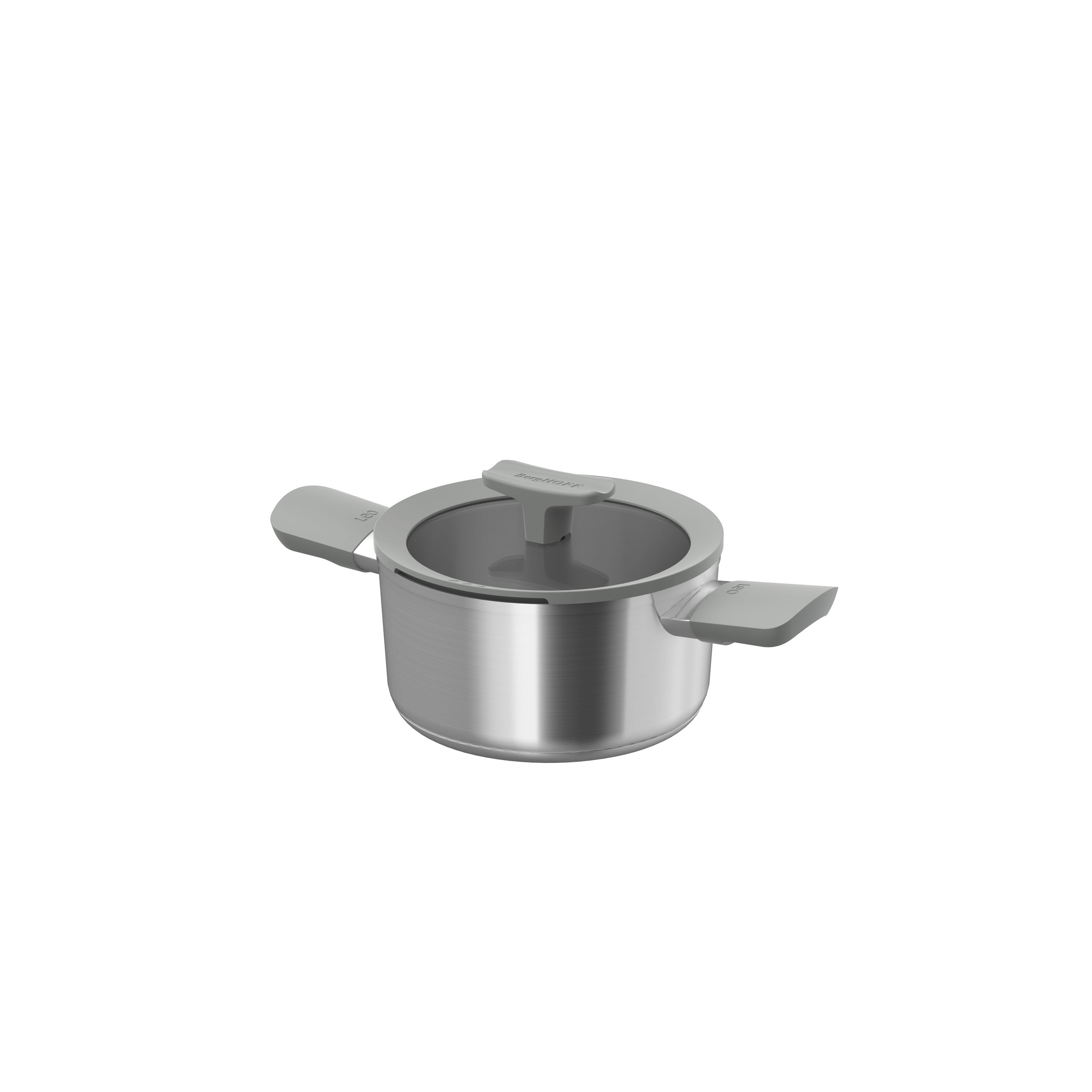 Stainless steel casserole with a lid and two handles, 18 cm in diameter, sleek design.