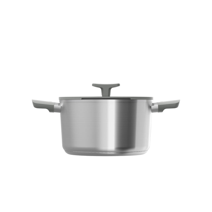 Stainless steel stockpot with a lid, featuring two side handles and a sleek design.