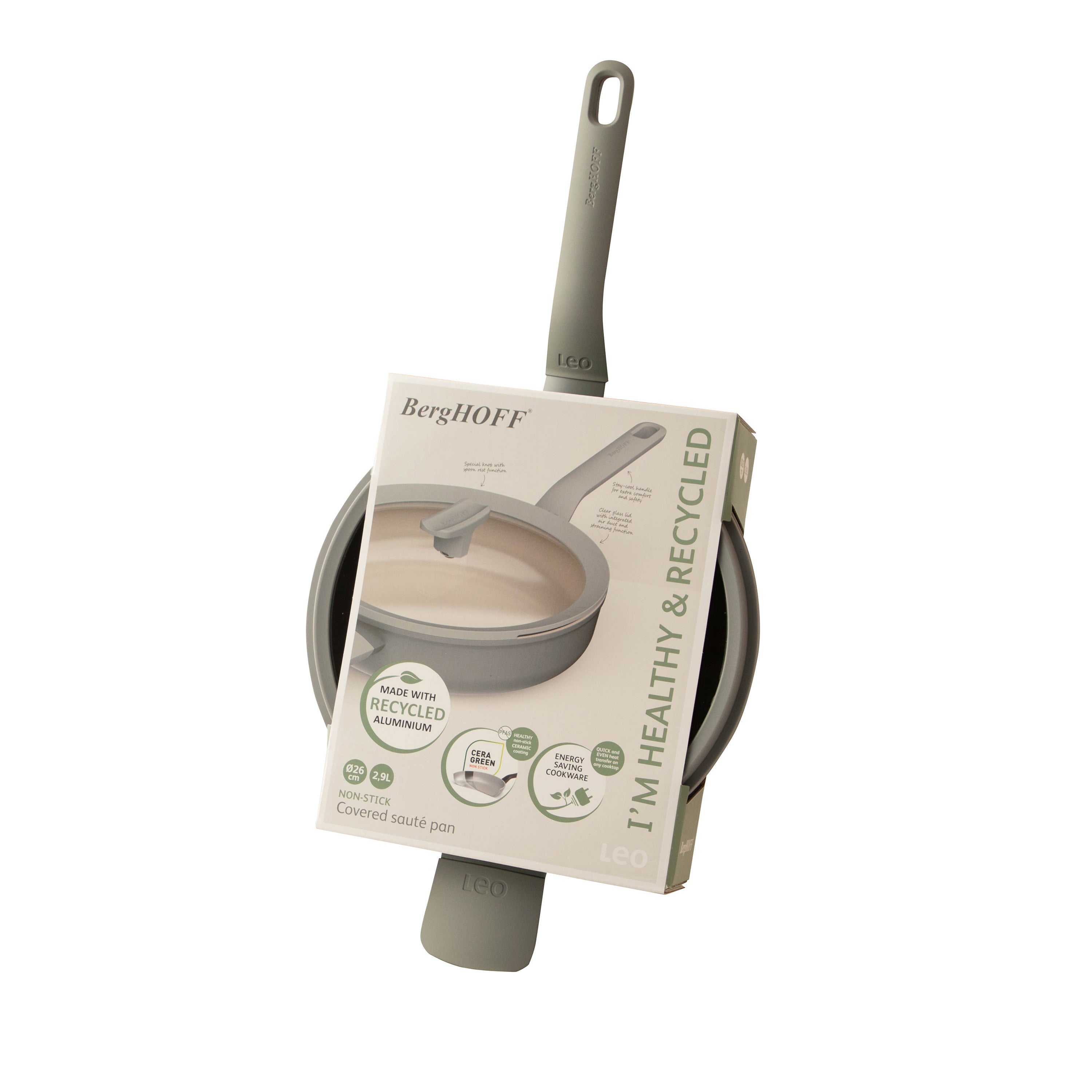 BergHOFF 26cm Covered Sauté Pan - Balance Moonmist with Glass Lid & Ceramic Non-Stick, Induction Safe