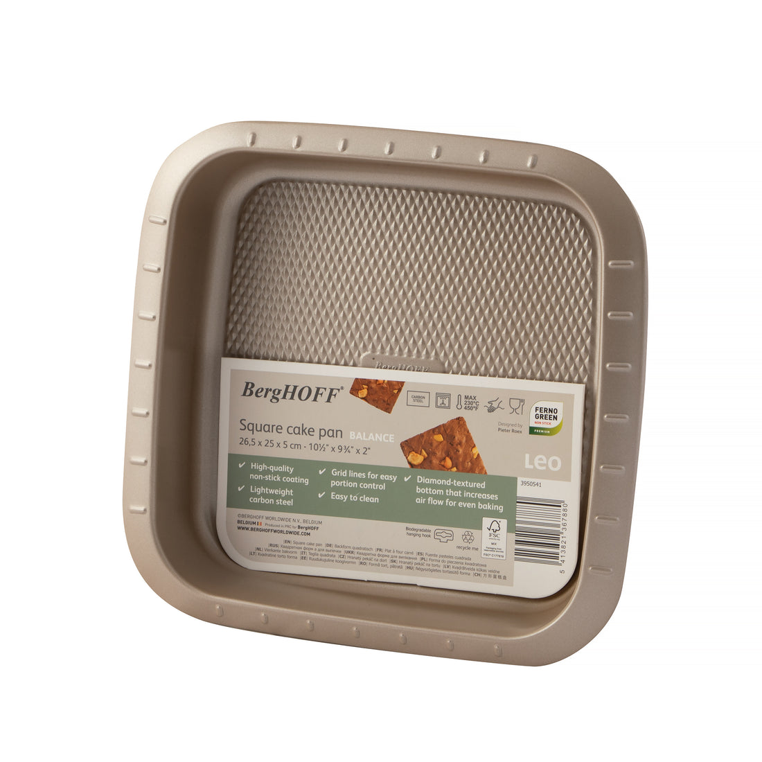 BergHOFF Square Cake Pan 22x22x5cm - Balance Series Non-Stick Carbon Steel with Easy Portion Grid