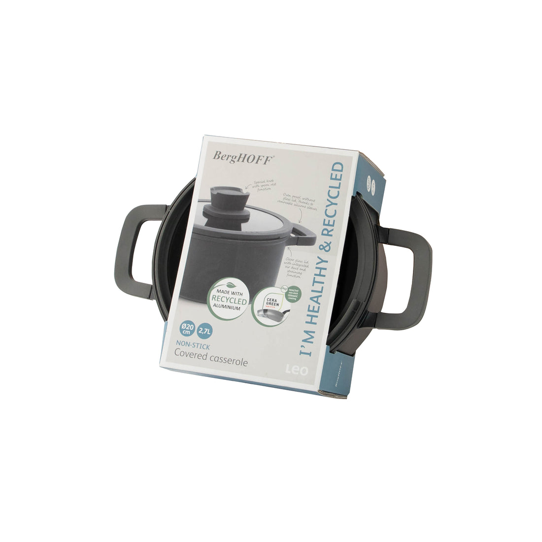 BergHOFF 20cm Covered Casserole – Stone+ Series with Straining Lid and Removable Silicone Grips