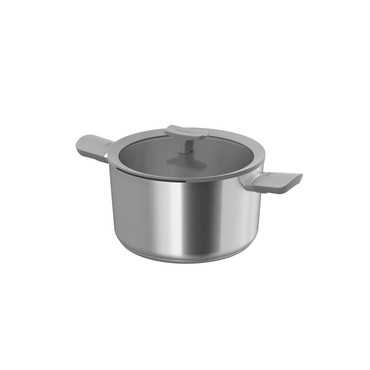 Stainless steel stockpot with a lid, featuring a sleek design and sturdy handles.