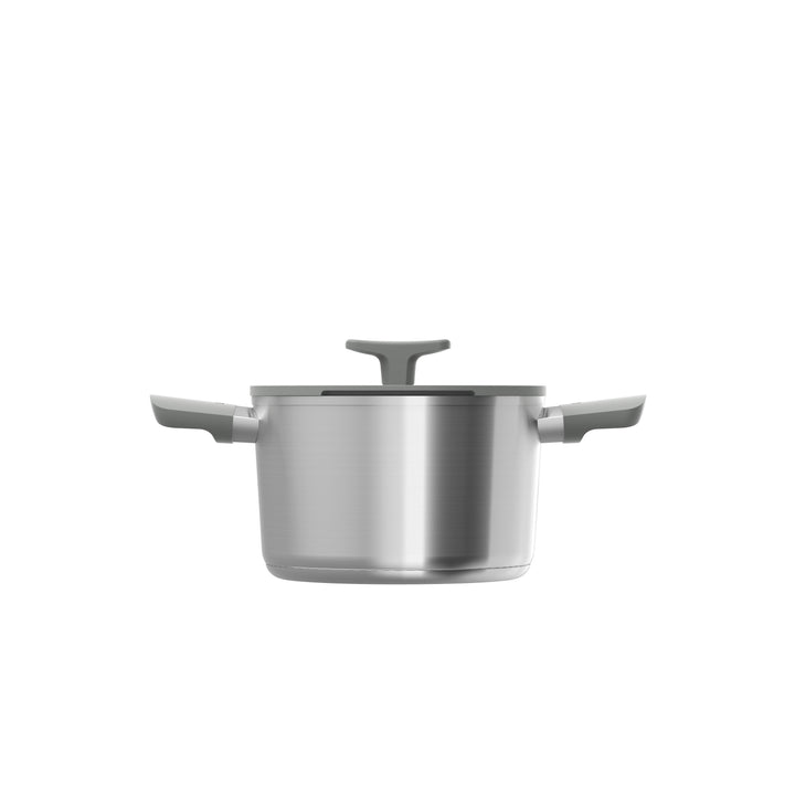 Stainless steel casserole pot with a lid and gray handles, 20 cm in size.